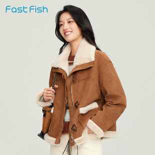 快鱼2025年冬季 女士羊羔毛外套保暖洋气大翻领毛毛美拉德上衣 新款
