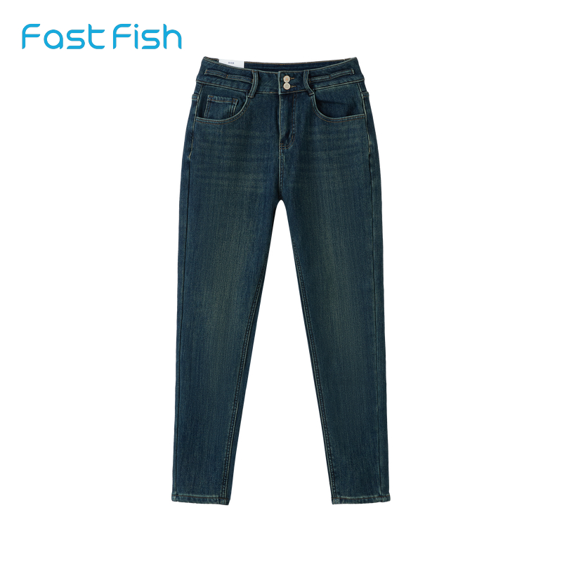 快鱼2025年冬季高腰牛仔裤女小脚紧加绒修身显瘦弹力铅笔裤牛仔裤