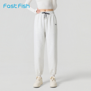 快鱼女士休闲裤2026春季新款宽松舒适保暖卫裤简约刺绣女装运动裤