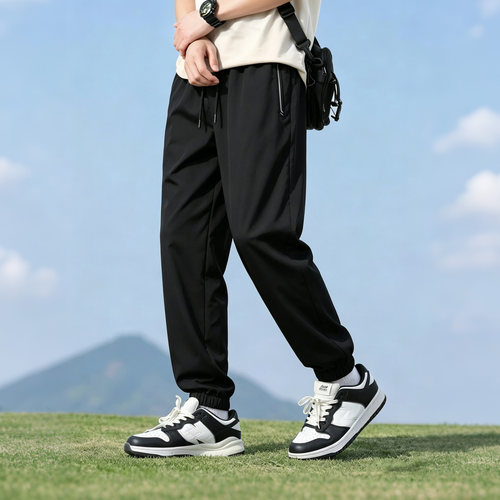 快鱼松紧腰束脚裤2026夏季新款纯色凉感休闲裤宽松舒适长裤男夏裤
