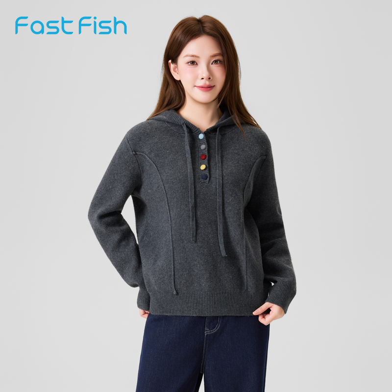 快鱼纯色连帽毛衣女2025年冬新款休闲宽松针织衫简约百搭抽绳外套