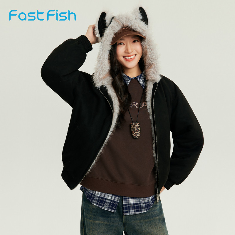 快鱼麂皮绒夹克猫耳朵连帽外套冬季保暖宽松显瘦休闲百搭女装外套,女装/女士精品,短外套,淘宝优惠券,粉丝福利购,淘宝优惠卷