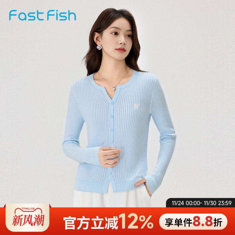 快鱼2025年冬BM风学院开衫单衣 美高徽章刺绣长袖上衣507225