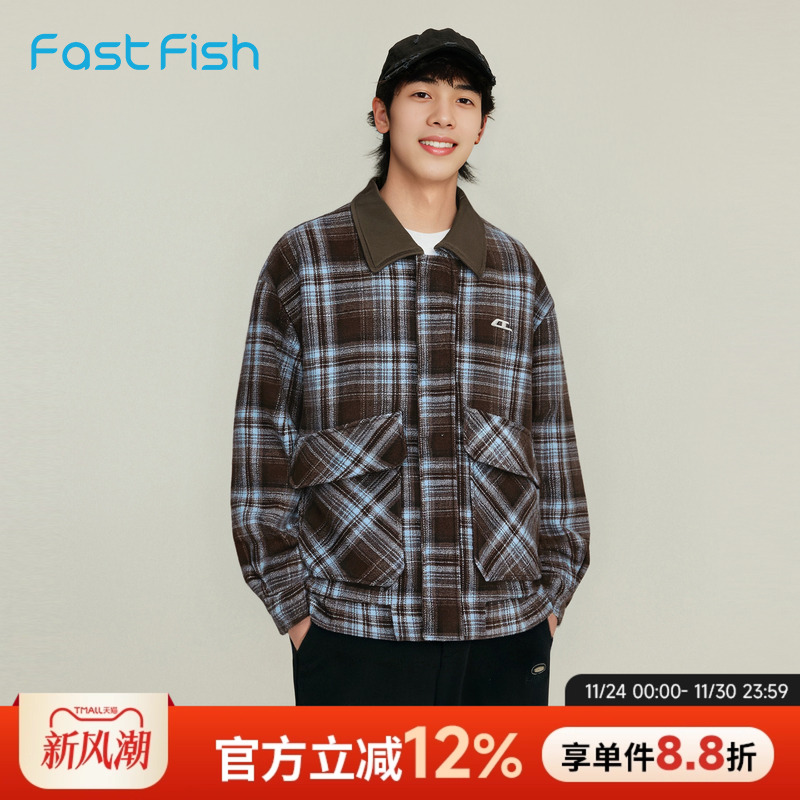 快鱼复古格纹大衣男2025年冬季新款男士大口袋潮流感皮质翻领外套