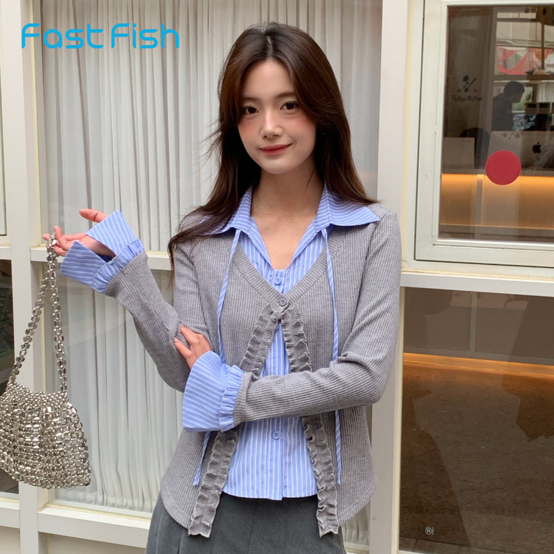 韩系设计感木耳边假两件针织衫女图片