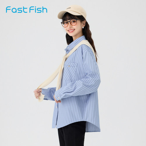 长袖假两件条纹衬衫快鱼夏季休闲