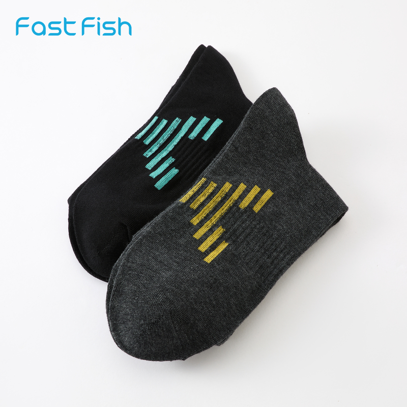 快鱼男士运动中筒袜青少年春秋款纯棉底防臭透气舒适两双装长袜