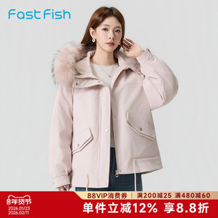 快鱼女士连帽羽绒服205年冬季新款防风保暖外套可拆卸毛领派克服