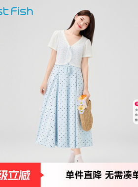 快鱼法式连衣裙波点裙子女款2026新款文艺淑女气质显瘦两件套开衫
