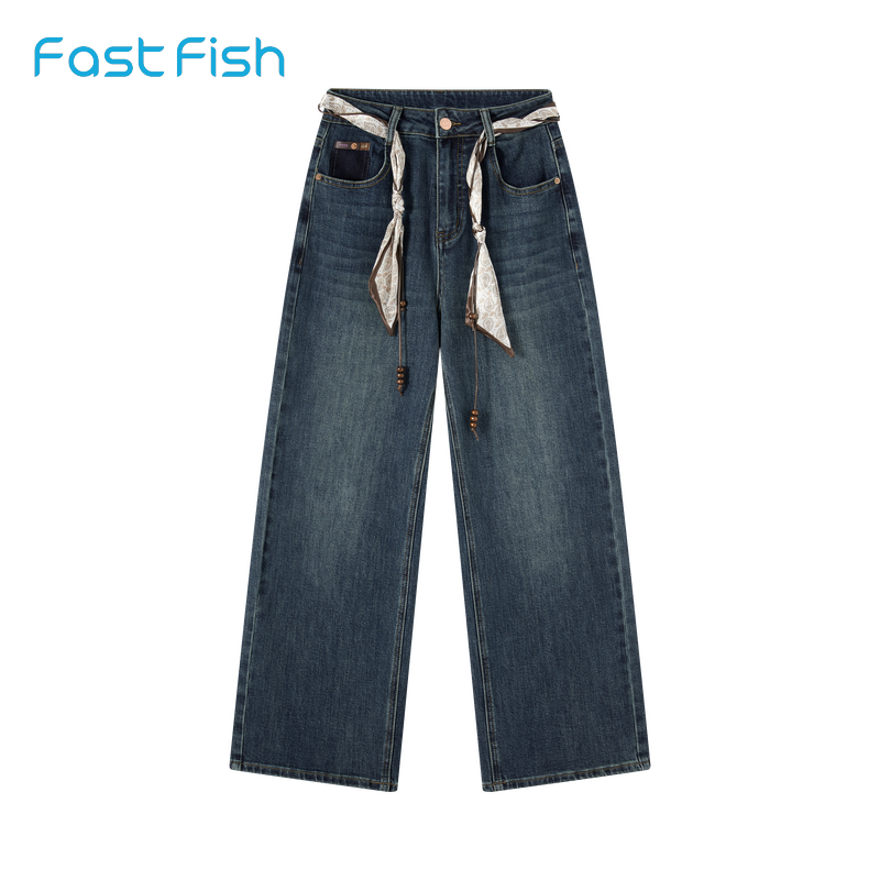 快鱼2025年冬季女直筒牛仔裤显高显瘦舒适百搭复古色时尚潮流裤子
