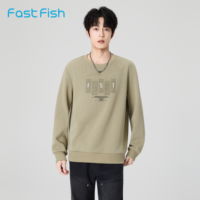 快鱼加绒圆领卫衣男2025年冬新款基础套头舒适日常字母长袖上衣