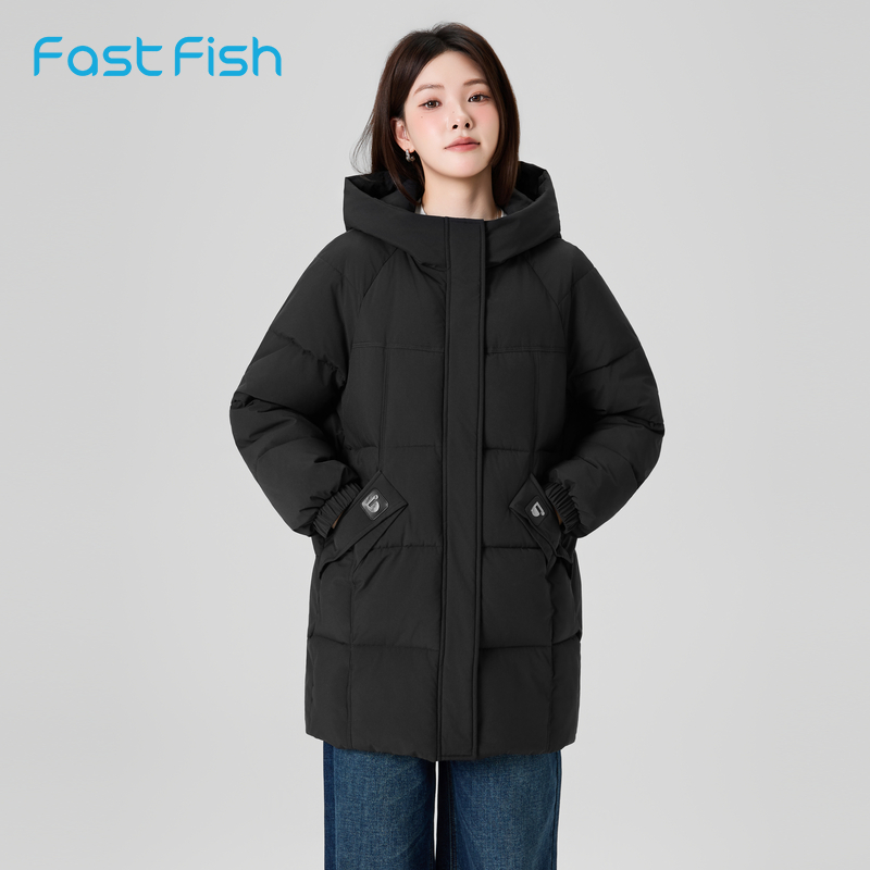 快鱼2025冬新款女士中长款连帽棉服保暖舒适简单百搭抗风御寒棉衣