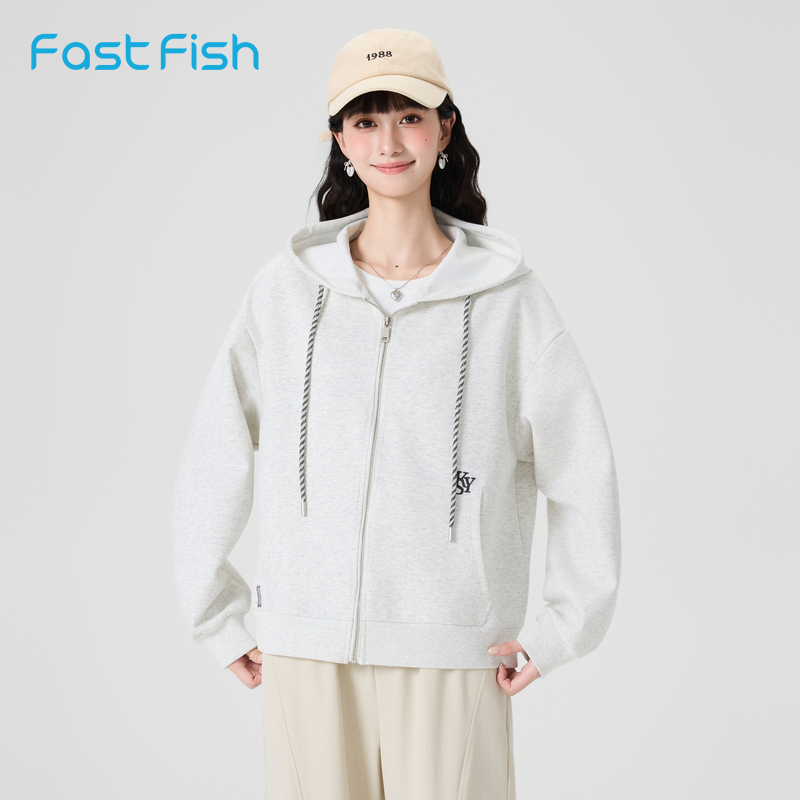 快鱼2025年秋新款针织外套青春流行长袖纯色上衣连帽开衫卫衣女