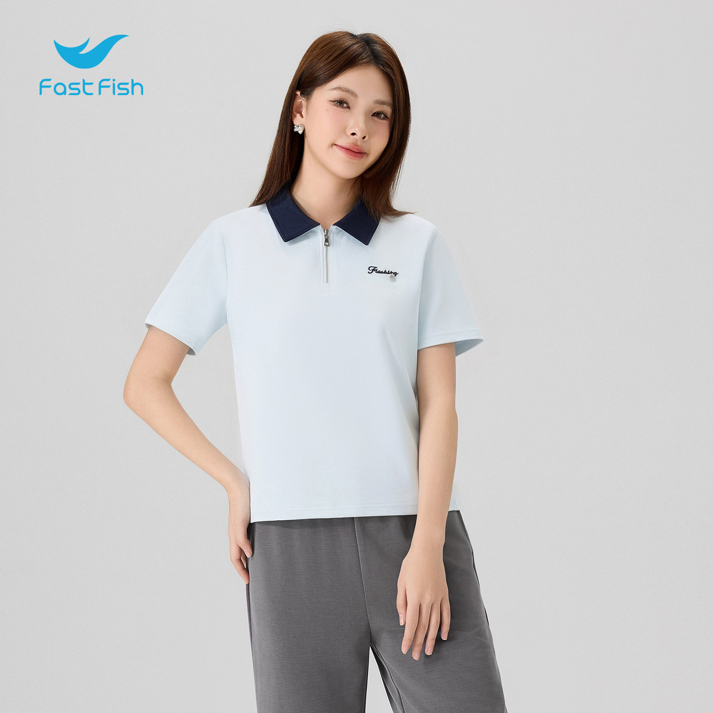 快鱼2026夏季新款女士撞色翻领 Polo 衫半拉链微宽松短款透气显瘦
