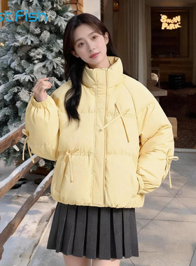 快鱼蝴蝶结蓝色立领羽绒服女款2025年冬季新款短款外套防寒面包服