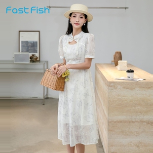 气质年轻小清新日常旗袍 女夏季 快鱼国风新中式 好看连衣裙2026新款