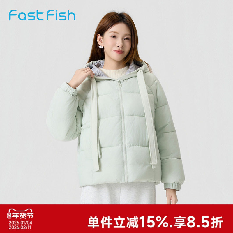 快鱼2025冬季新款复古文艺连帽格子拼接短款宽松女棉服外套潮棉衣,女装/女士精品,棉衣/棉服,淘宝优惠券,粉丝福利购,淘宝优惠卷