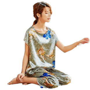 中年睡衣女夏季冰丝短袖薄款七分裤妈妈装两件套丝绸家居服加大码