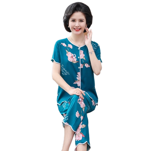 中年妈妈纯棉睡衣女春夏季短袖全棉加大码家居服中老年妇女士套装