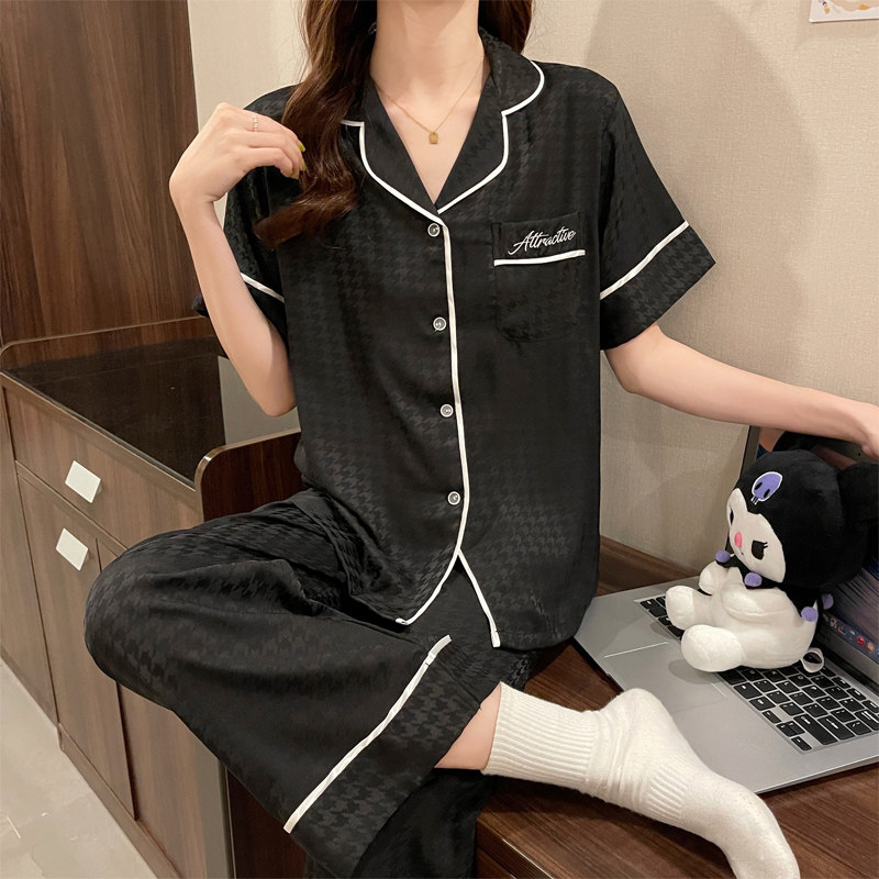 2024新款冰丝睡衣女夏季薄款网红短袖长裤丝绸清爽简约家居服套装