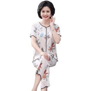 新款妈妈睡衣女春秋季短袖纯棉开衫家居服中老年人夏天加大码套装