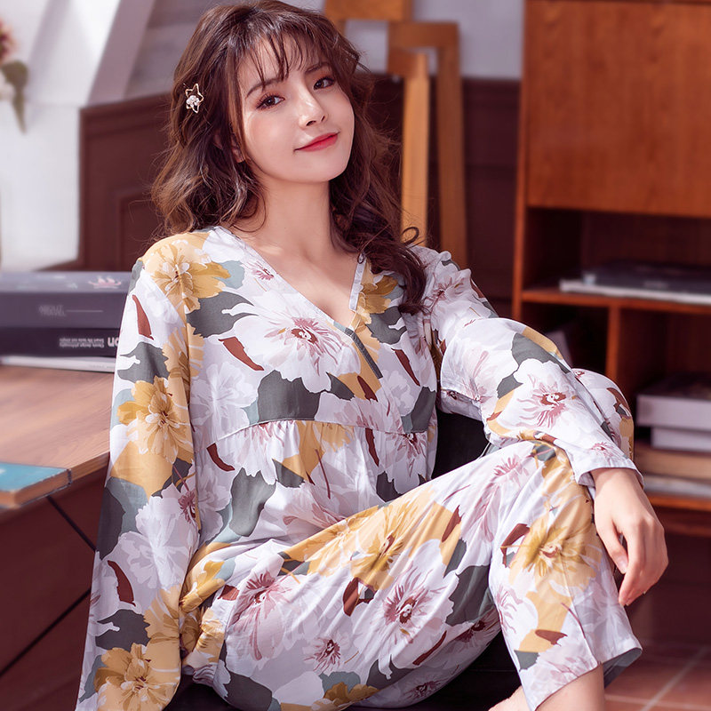 睡衣女夏春秋季长袖绵绸套装夏季薄款人造棉女士棉绸家居服两件套