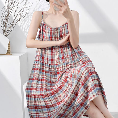 带胸垫吊带棉绸睡裙女夏季中长款