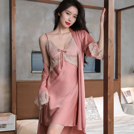 2023新款睡衣女夏季冰丝性感蕾丝吊带睡裙睡袍丝绸两件套家居服