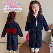 小童花边后背蝴蝶结牛仔两件女宝宝休闲潮 春秋季 女童套装 206新款