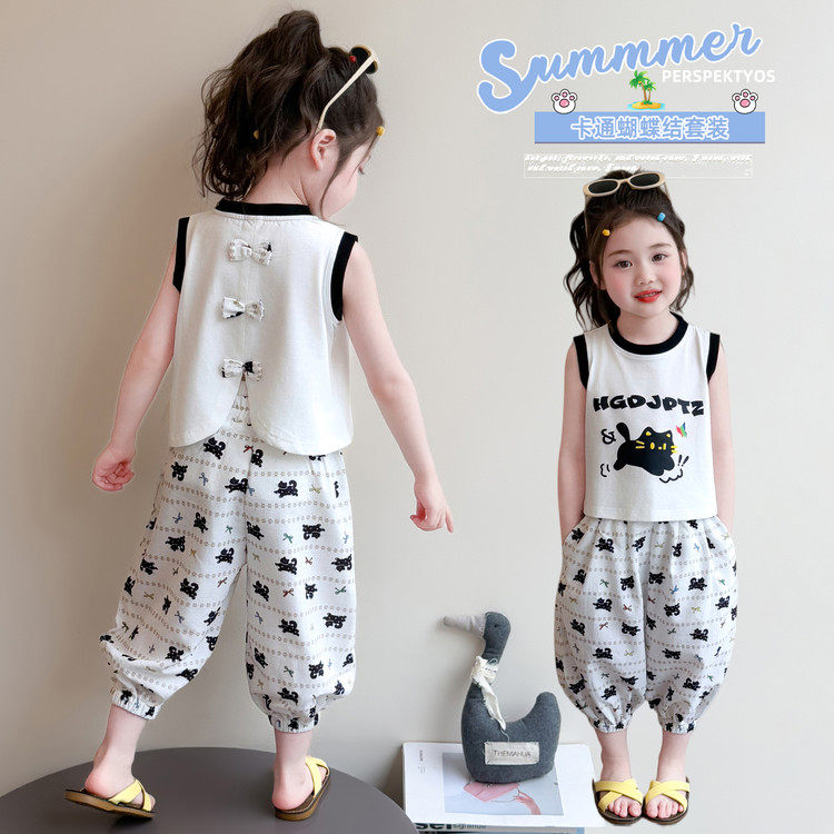 女童卡通猫咪套装夏季2026新款儿童无袖背心灯笼裤两件套小童潮