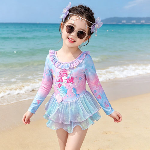 女童泳衣夏款儿童连体长袖防晒泳装2026新款女宝美人鱼裙式游泳衣