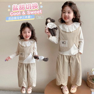 女童26春季新款韩版洋气提花翻领马甲背心上衣裤子三件套休闲中童