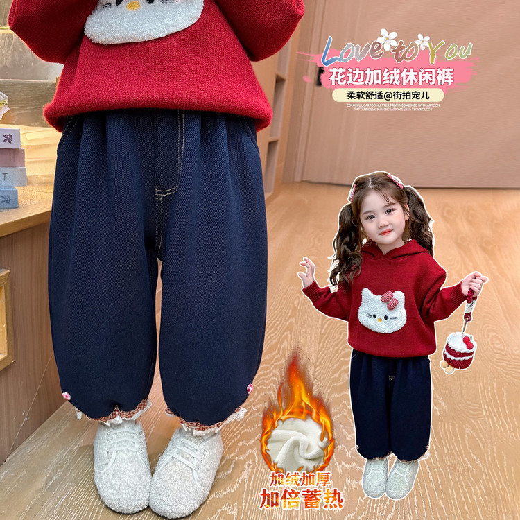 新款冬季加绒女童休闲裤可爱花边保暖长裤宝宝冬装裤子