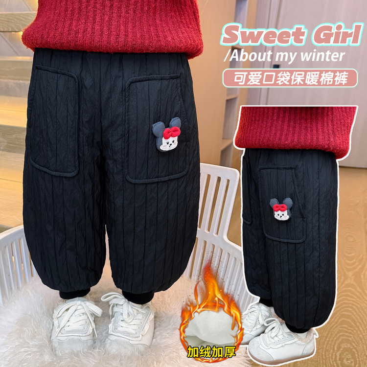 女童加绒裤子2025新款冬季儿童过冬洋气加厚一体绒女宝宝黑色棉裤