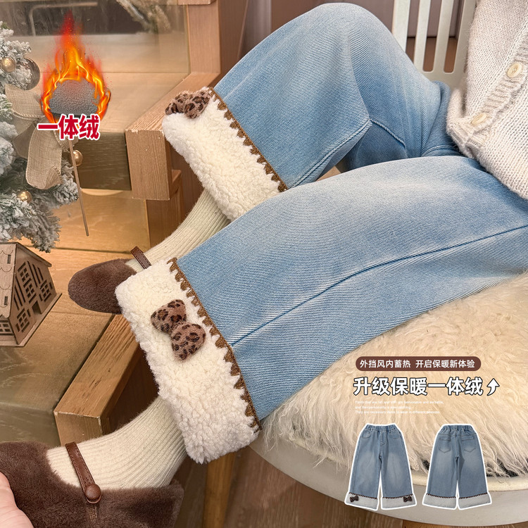 新款冬季保暖一体绒儿童牛仔裤女童加厚时尚长裤小女孩冬装