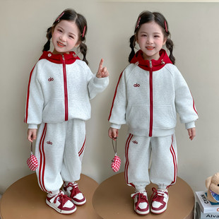女童春秋季套装2026新款儿童洋气撞色休闲带帽外套女孩韩版两件套