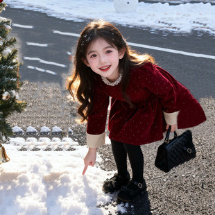 2025冬季新款女孩加厚丝绒连衣裙女童红色过年年服圣诞表演礼服裙