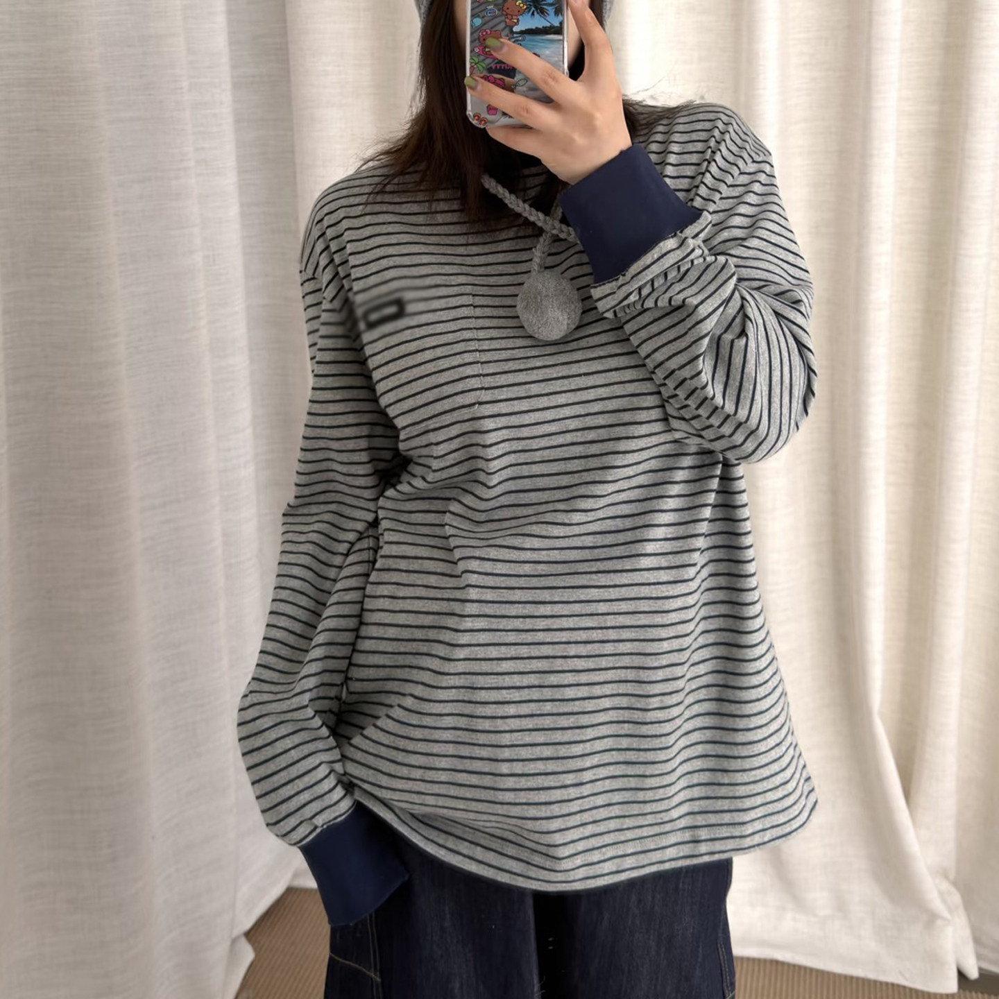 M外贸高品质春季新款宽松拼色细条纹圆领女士T恤长袖口袋刺绣徽标