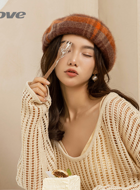 9249贝雷帽女秋冬季新款时尚韩版格纹羊毛呢帽子女士冬舒适兔毛帽