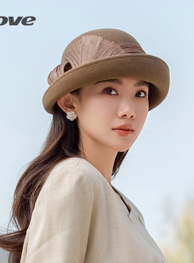 9455秋冬新款羊毛毡帽子女士优雅洋气真丝麻腰带卷边礼帽时尚冬帽