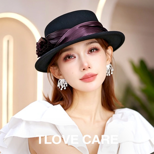 tlove帽子女2026新款英羊毛呢平顶礼帽显脸小英伦复古时尚秋冬季