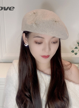 9377秋冬季时尚百搭羊毛贝雷帽洋气减龄蓓蕾帽手工手绣进口金银线