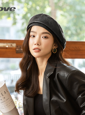 Z250羊皮贝雷帽女士秋冬季时尚百搭蟒蛇纹黑色蓓蕾帽出游逛街帽子