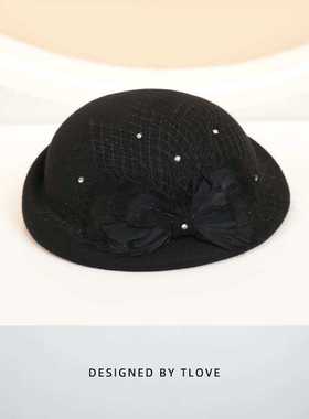 9635时尚百搭空姐帽洋气韩版减龄羊毛呢帽子女士英伦复古网纱礼帽