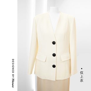 韩版 白色时尚 V领保暖潮上衣 外套女秋冬高级感中长款 Z711羊毛西装