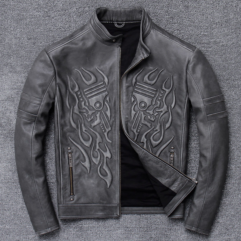 进口头层牛皮做旧立领修身短款真皮皮衣男重磅机车服皮夹克外套潮