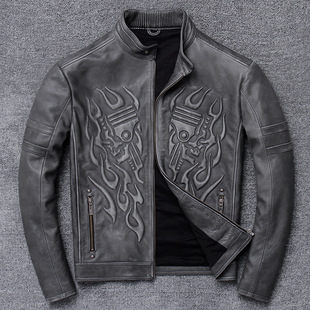 进口头层牛皮做旧立领修身短款真皮皮衣男重磅机车服皮夹克外套潮