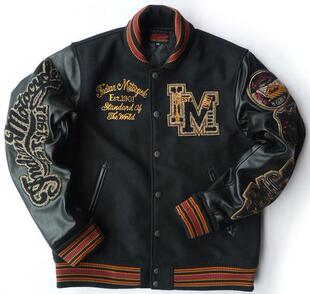 摩托机车毛呢头层牛皮衣真皮袖 174加肥加大码 棒球服 胸102 冬男装