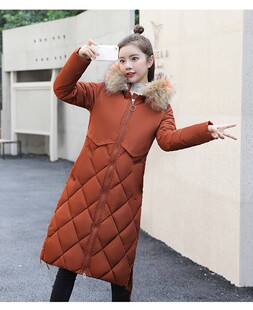 女冬装加厚修身中长款袖连帽羽绒棉衣棉服袄风衣大衣外套焦糖色新