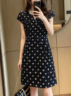 波点包臀V领中长款短袖连衣裙子